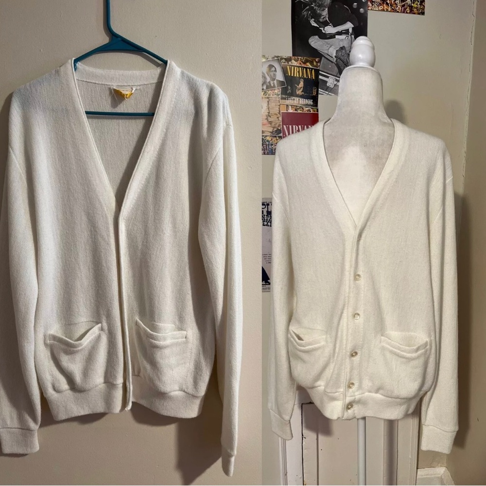 Vintage 70s Classic White Grandpa Men's cardigan Sweater